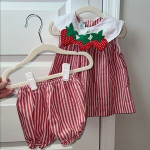 VINTAGE Red & White Striped Baby Outfit Strawberry Design - Matching Bloomers